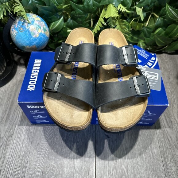 Birkenstock New w/ Box Arizona Black Oiled Leather Soft Bed Women Size 37 L6 - Picture 2 of 8